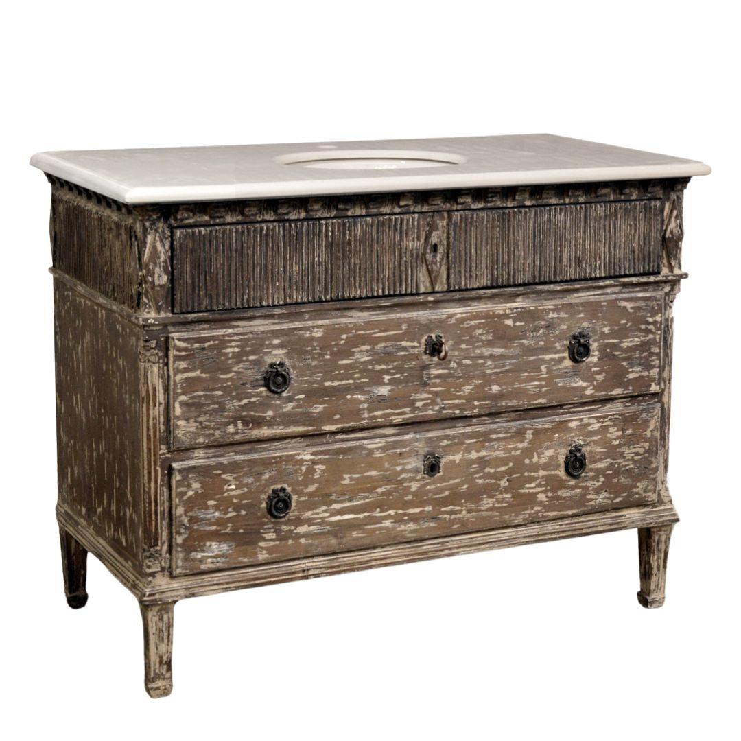 Meuble-lavabo rustique avec plateau en marbre blanc