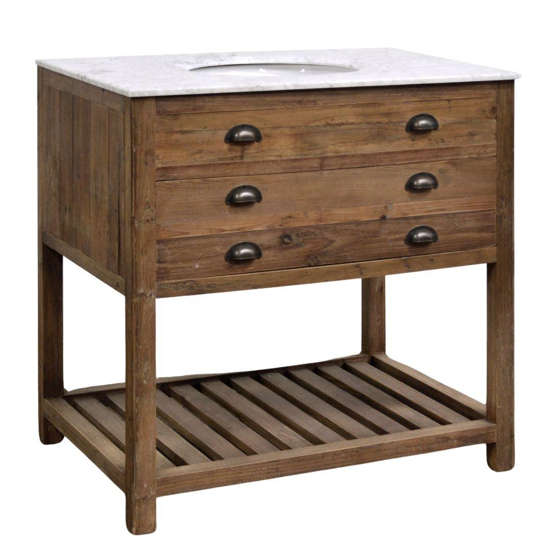 Meuble-lavabo simple en marbre blanc rustique et vieux pin