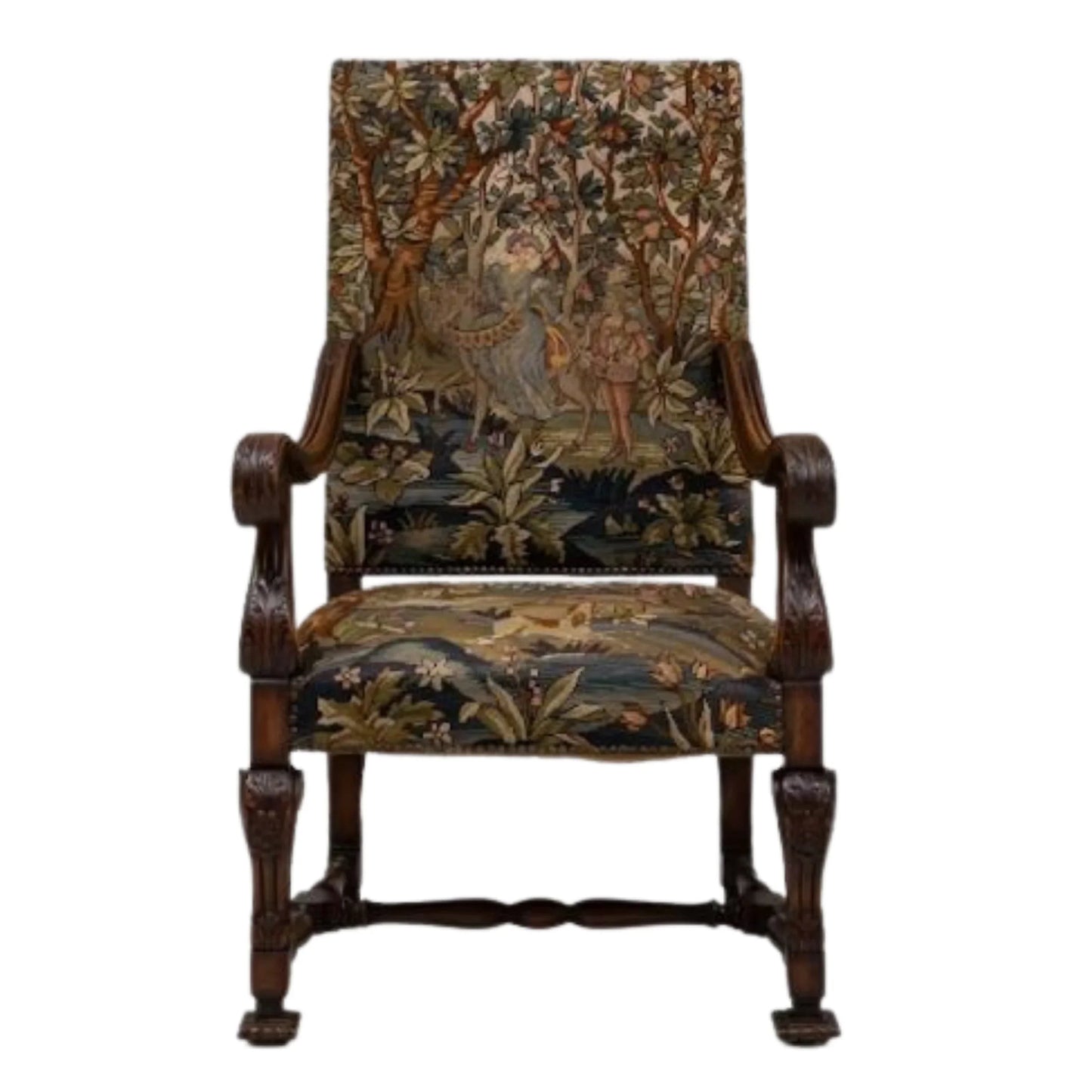 Fauteuil en tapisserie ancienne de style jardin secret, vers 1900