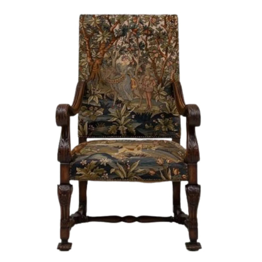 Fauteuil en tapisserie ancienne de style jardin secret, vers 1900