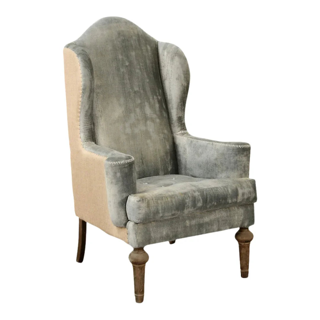 Fauteuil d'appoint en velours bleu et toile de jute