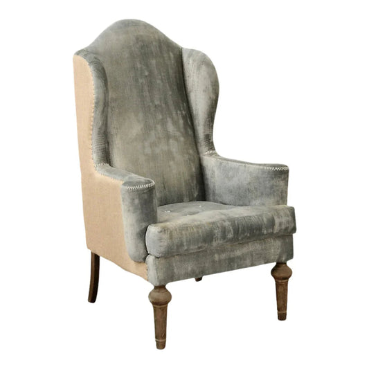 Fauteuil d'appoint en velours bleu et toile de jute