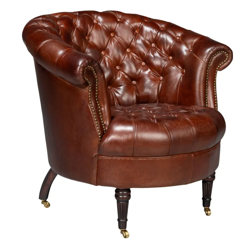 Fauteuil Chesterfield classique marron en cuir tonneau