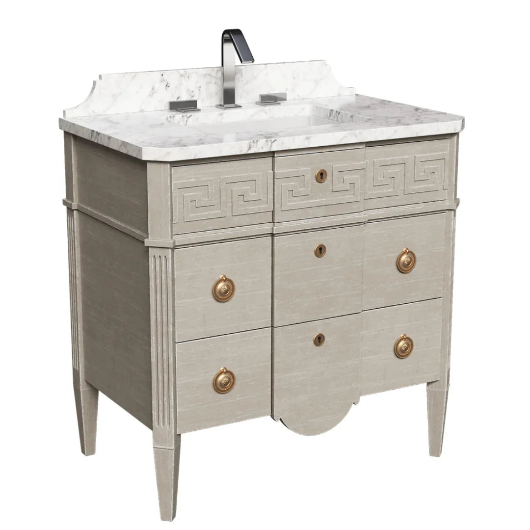 Meuble-lavabo à motif grec et plateau en marbre