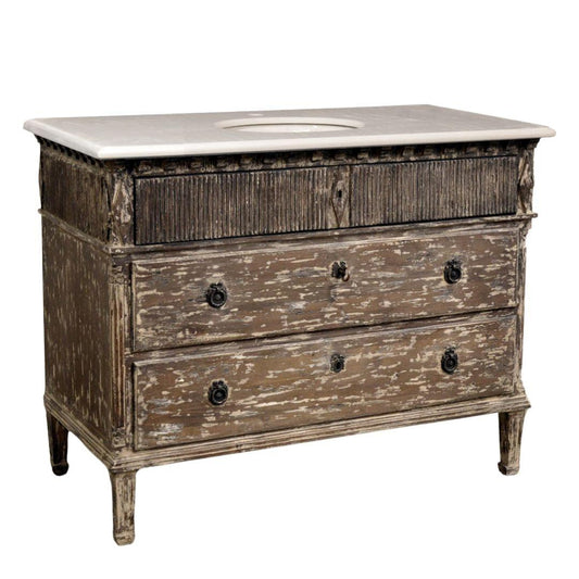 Meuble-lavabo rustique avec plateau en marbre blanc