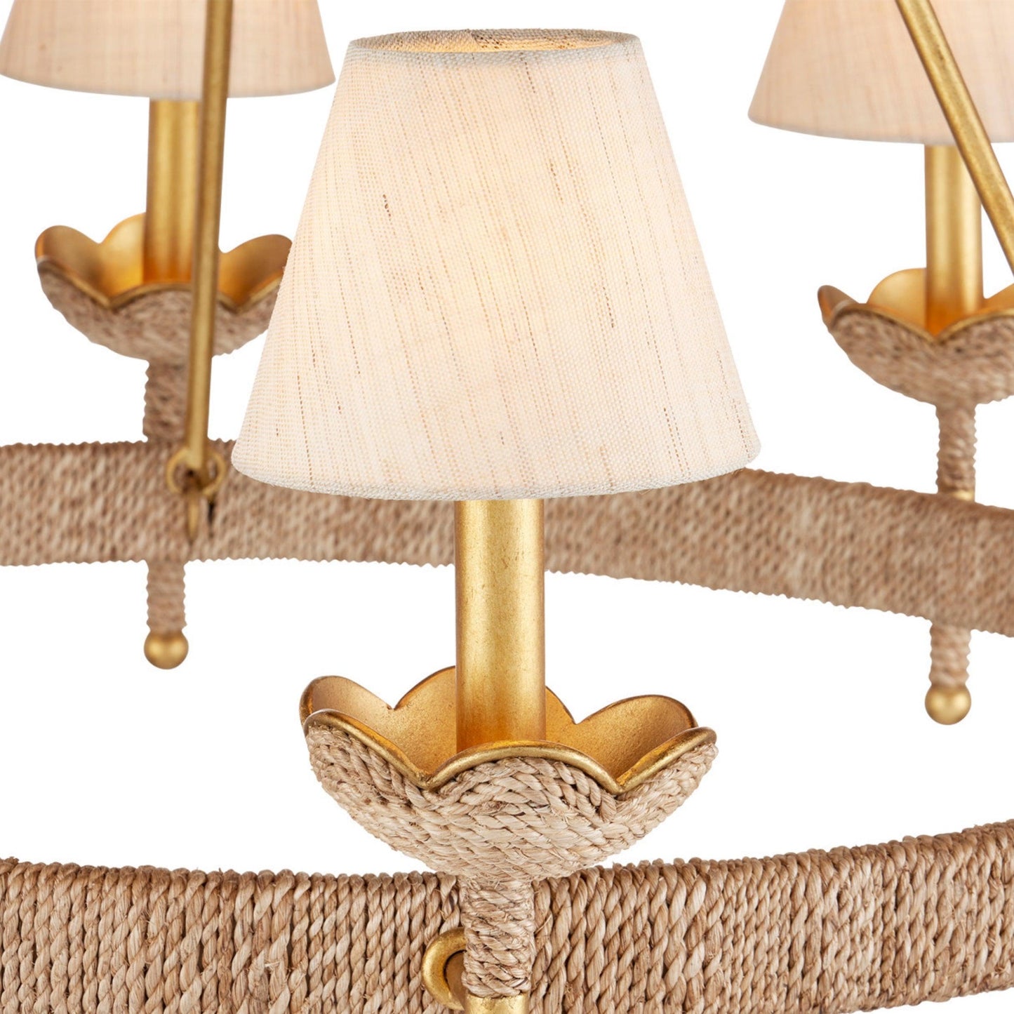 Lustre à feuilles d'or et abat-jour en corde