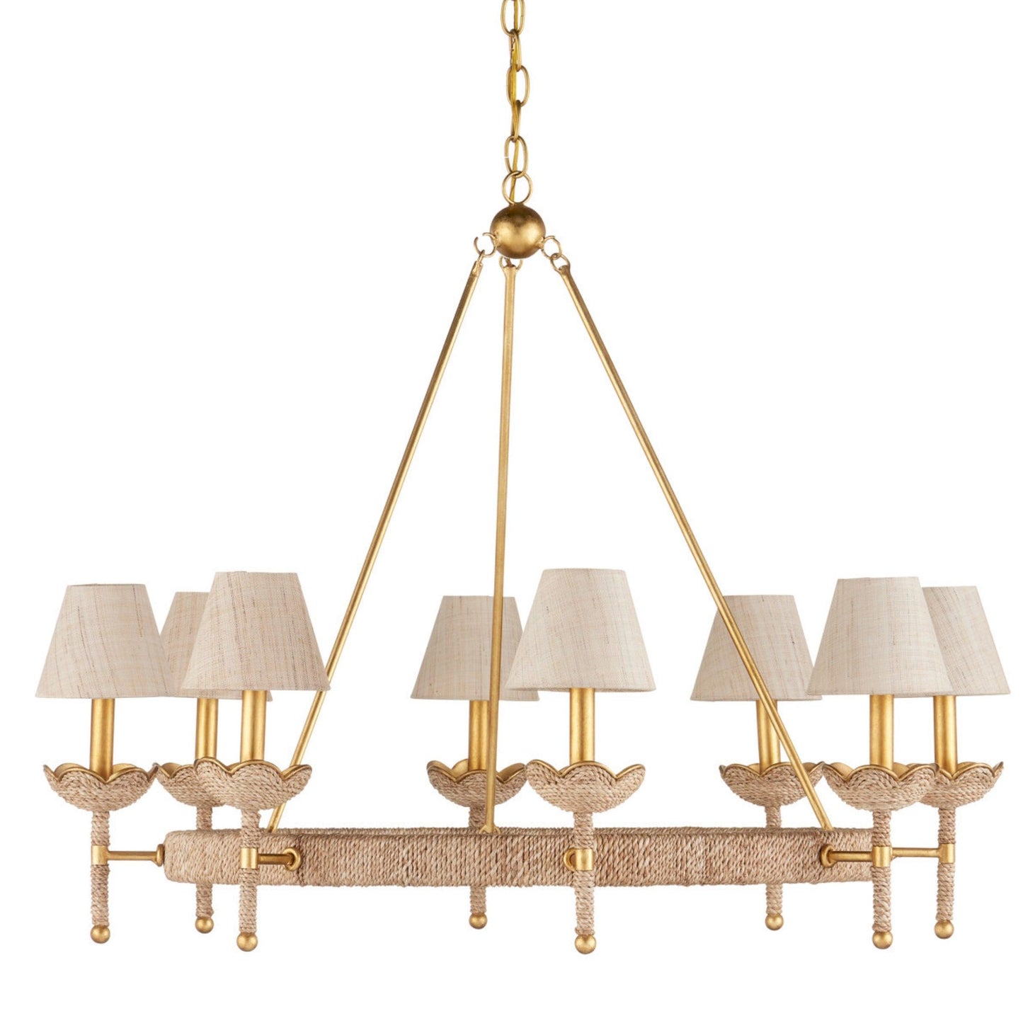 Lustre à feuilles d'or et abat-jour en corde