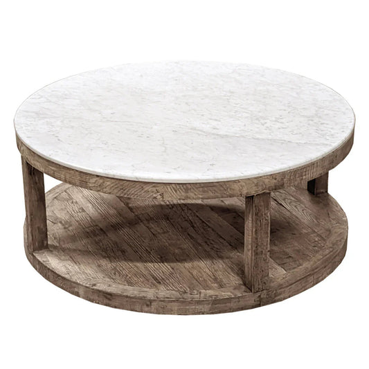 Table basse ronde rustique avec plateau en marbre