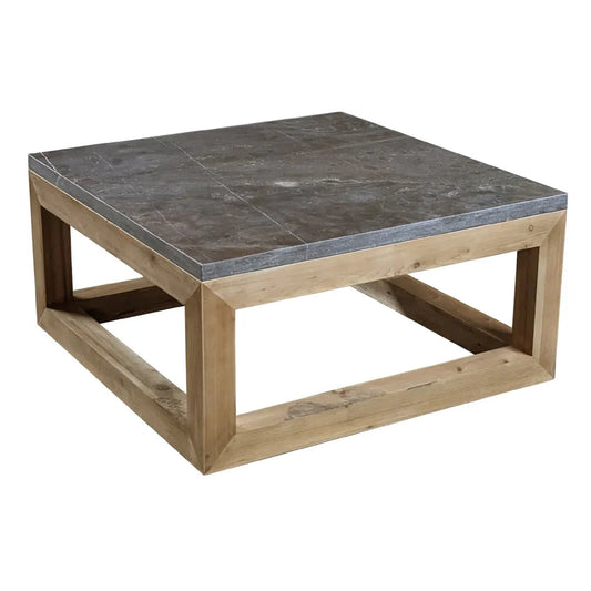 Table basse carrée rustique avec plateau en pierre bleue 