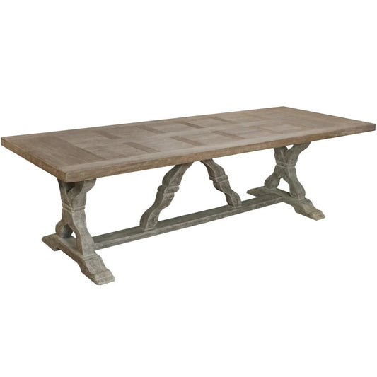 Table de salle à manger sculptée avec plateau en parquet rustique