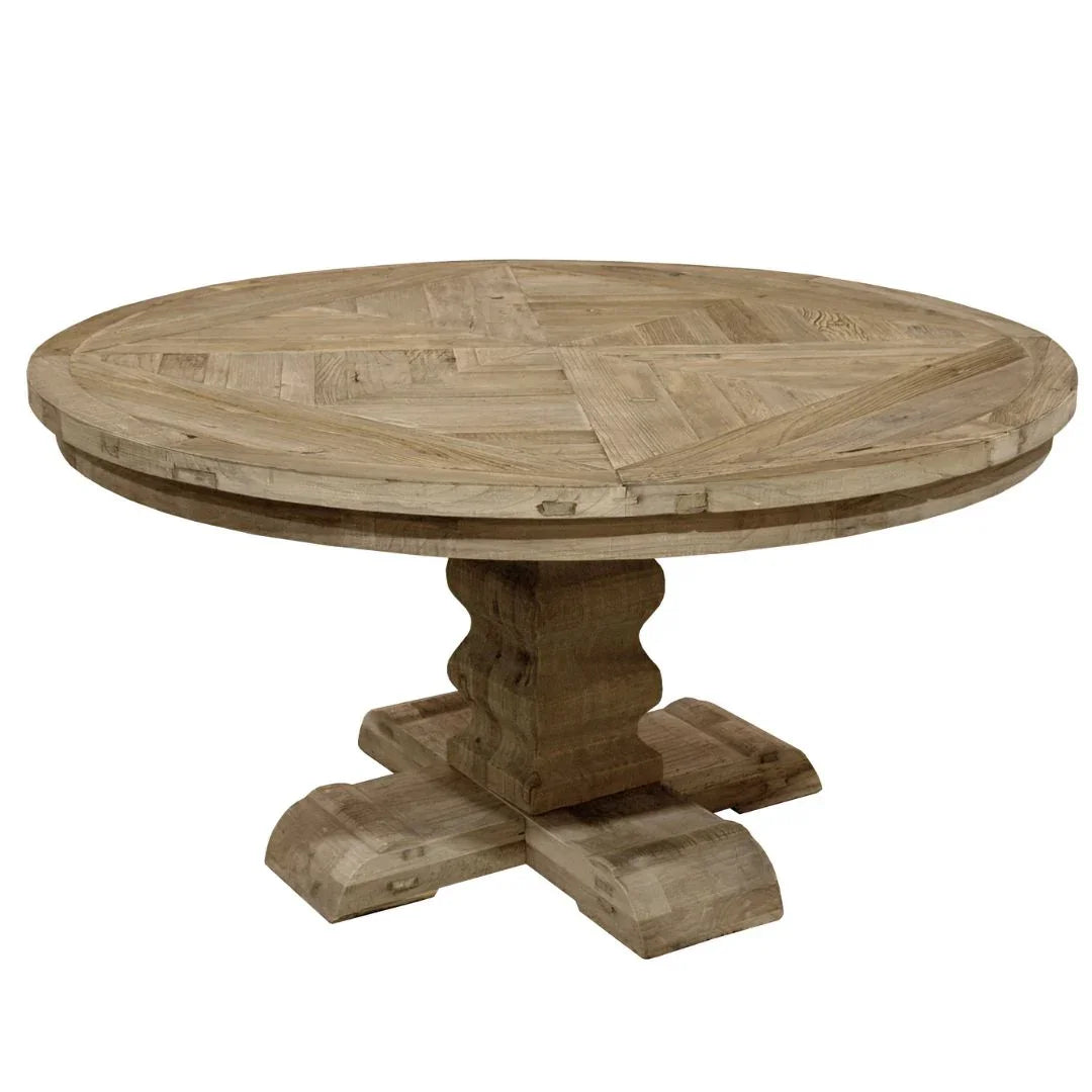 Table de salle à manger ronde en orme avec plateau en parquet