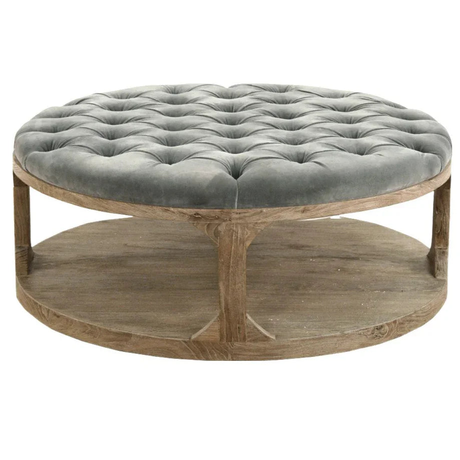 Pouf en bois recouvert de velours gris capitonné