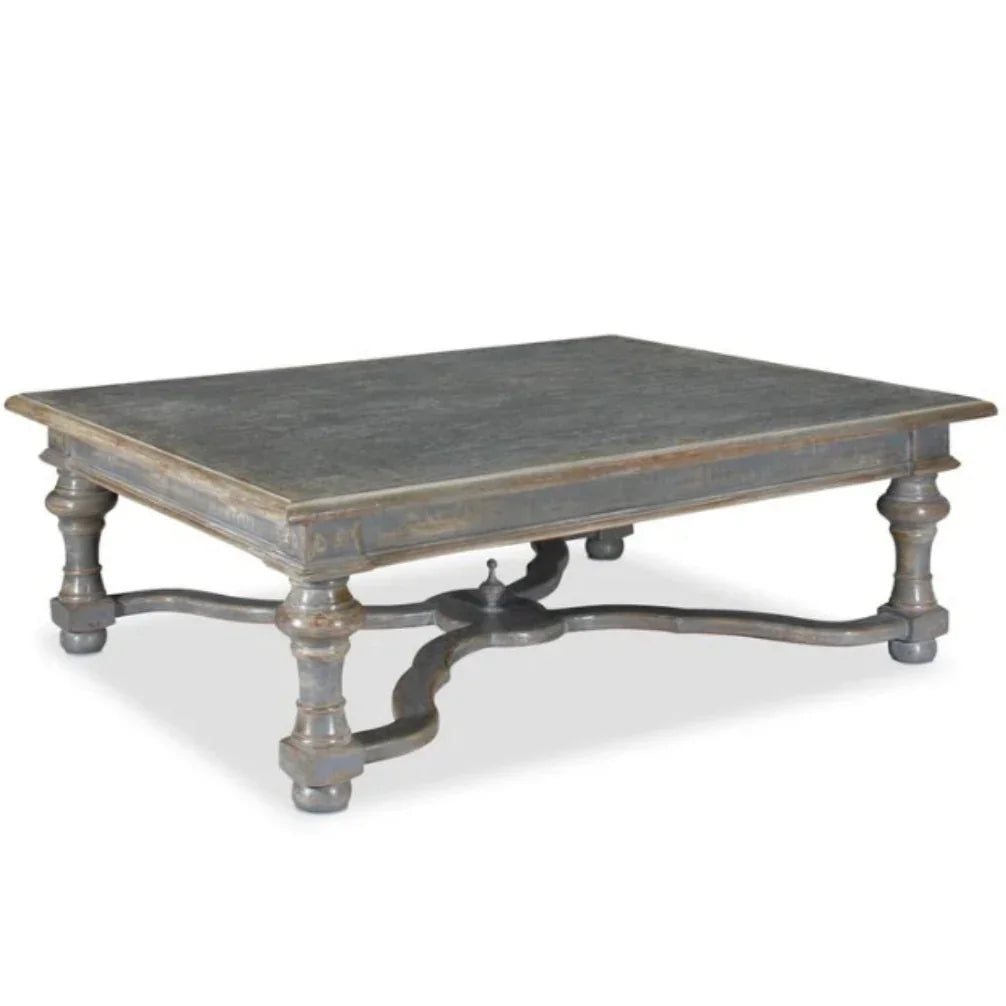 Table basse française grise et bleue à pieds tournés