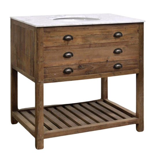 Meuble-lavabo simple en marbre blanc rustique et vieux pin