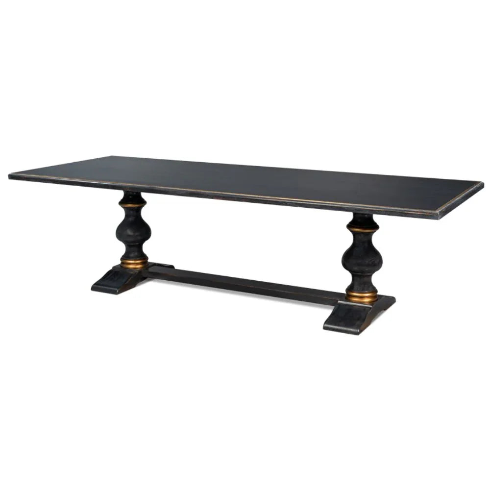 Longue table de salle à manger de style campagnard français, noire et dorée