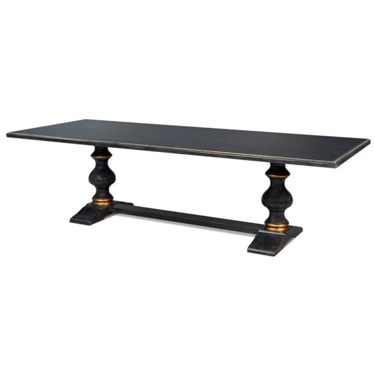 Longue table de salle à manger de style campagnard français, noire et dorée