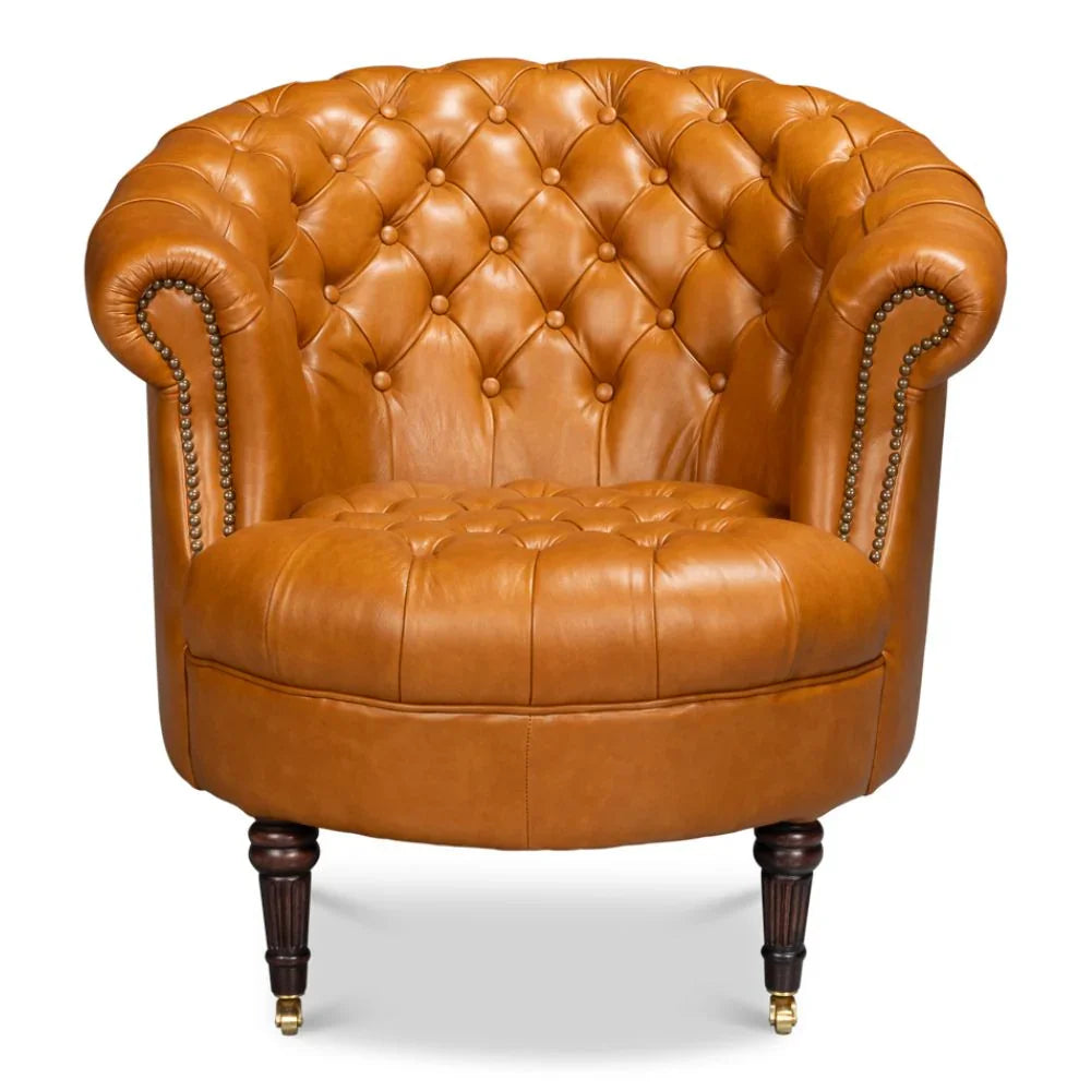 Fauteuil Chesterfield en cuir marron doré