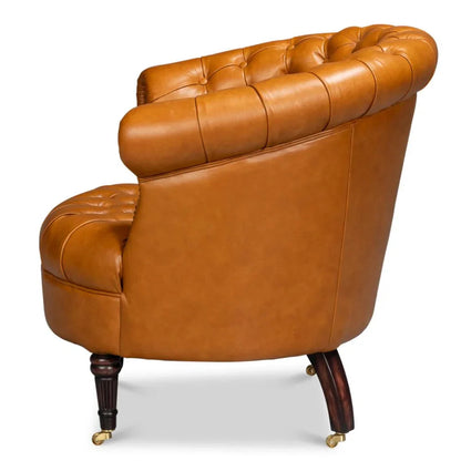 Fauteuil Chesterfield en cuir marron doré